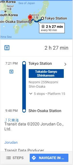 Shinkansen schedules on Google Maps