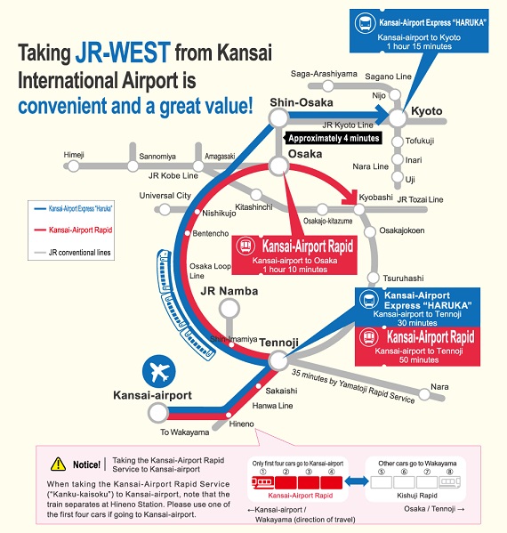 Mapa de los trenes que conectan Osaka y Kioto con el Aeropuerto Internacional de Kansai (KIX)