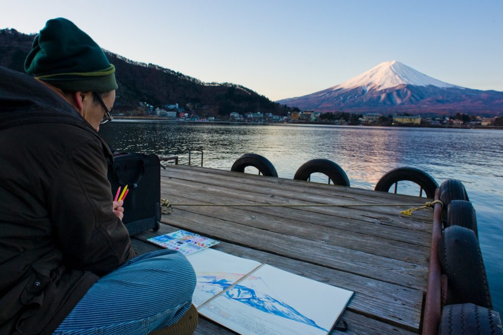 Mount Fuji as seen at sunrise across Lake Kawaguchi