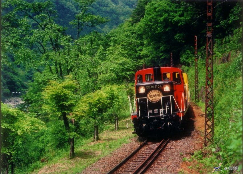 The Sagano Scenic Railway travelling through the Arashiyama mountains