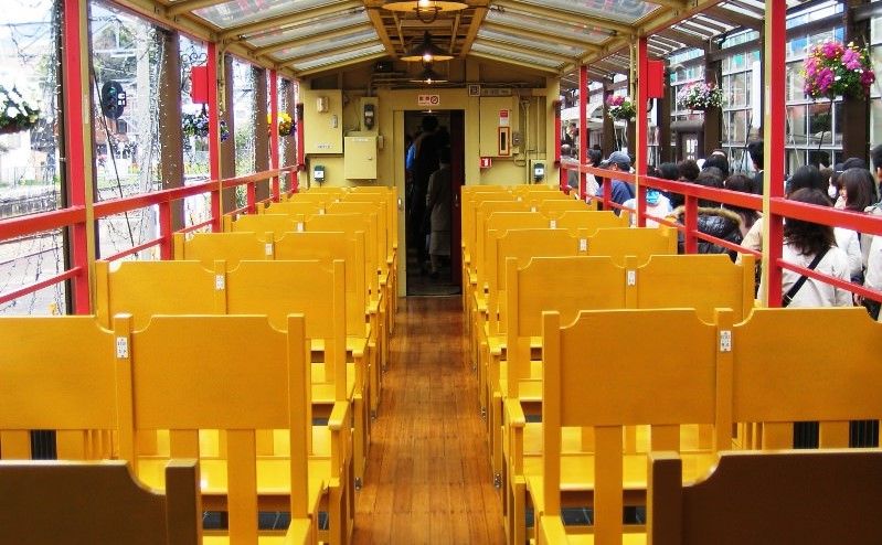 Inside of the Sagano Scenic Railway train