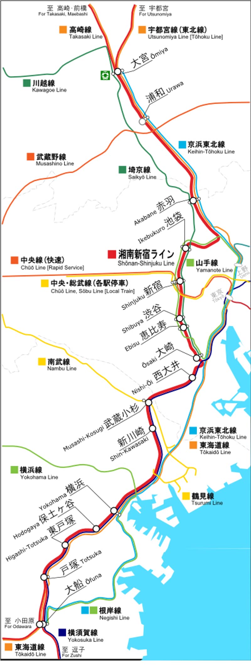 Carte de la ligne Shonan-Shinjuku