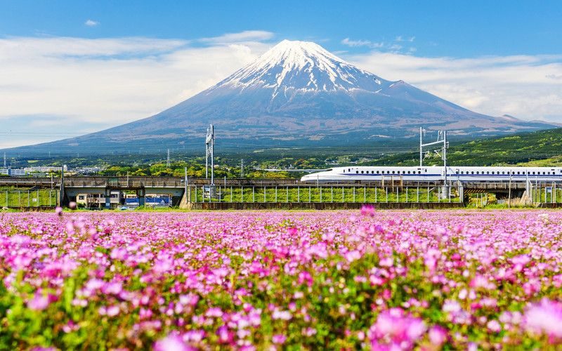 Un Shinkansen de la ligne Tokaido Shinkansen passant près du mont Fuji